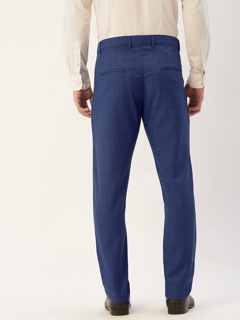 Indian Needle Men's Blue Checked Formal Trousers