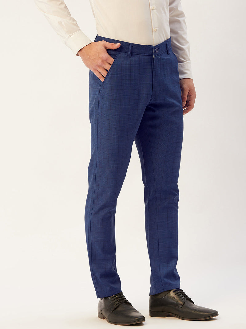 Indian Needle Men's Blue Checked Formal Trousers