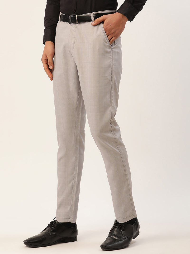 Indian Needle Men's Grey Checked Formal Trousers