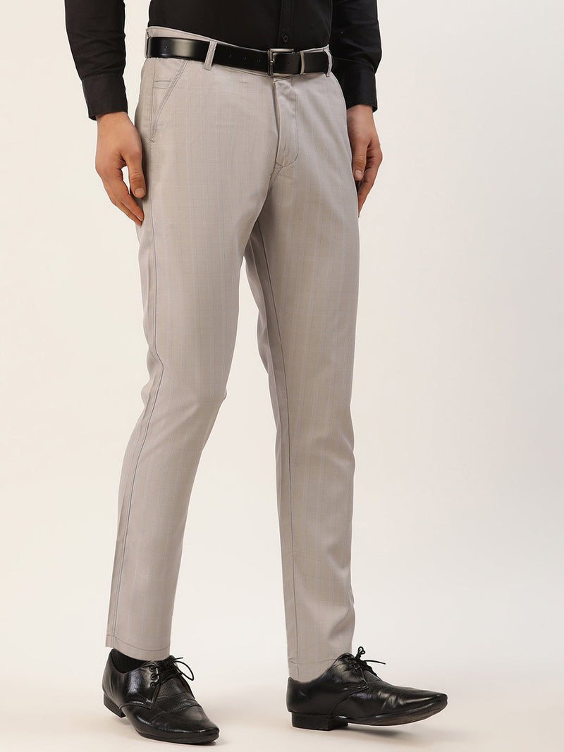 Indian Needle Men's Grey Checked Formal Trousers