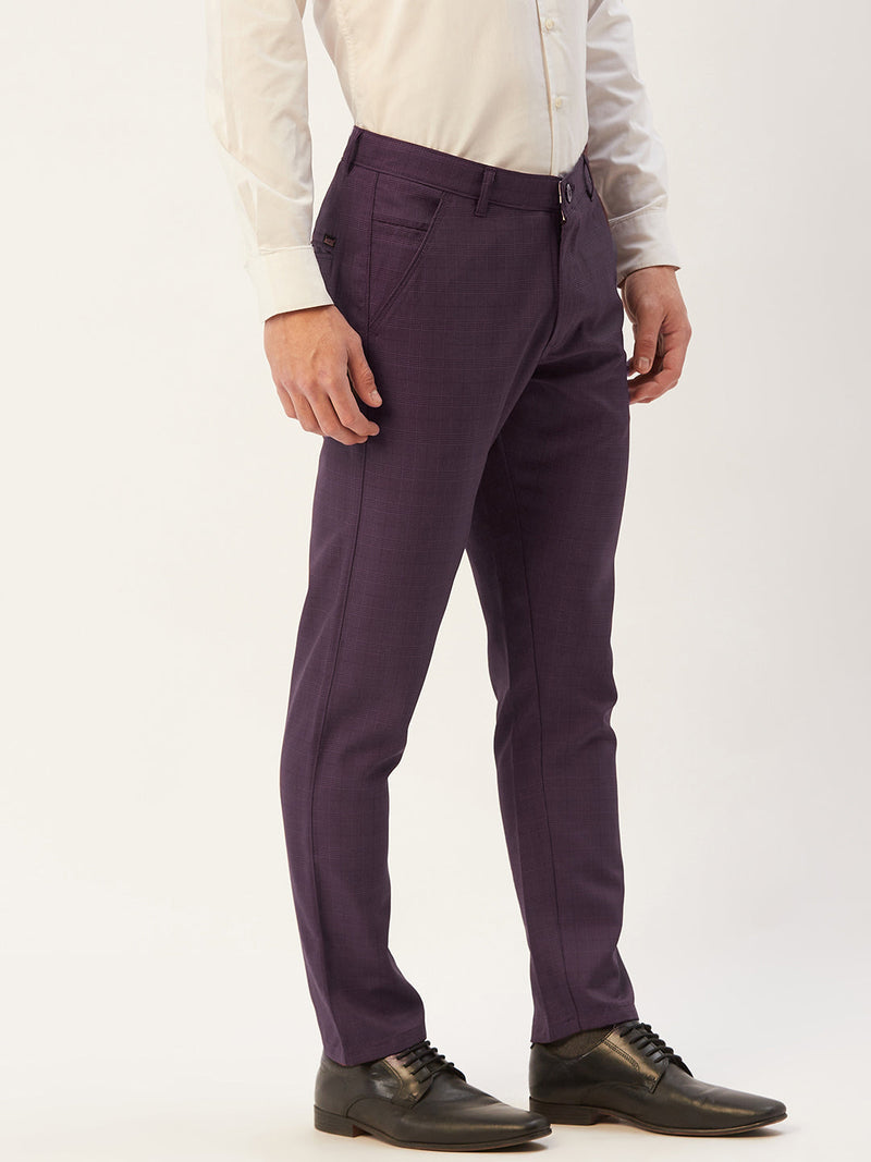 Indian Needle Men's Maroon Checked Formal Trousers