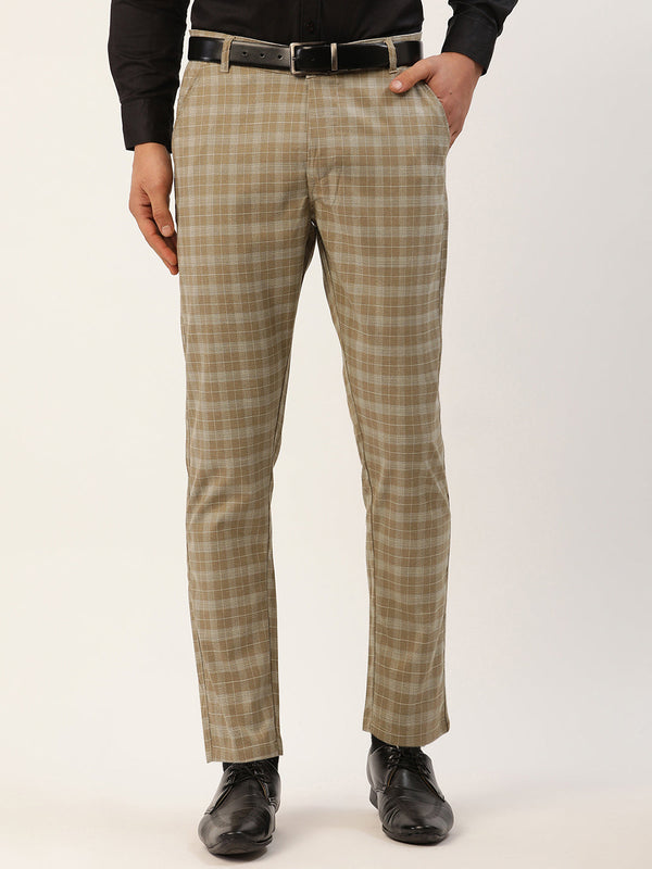 Indian Needle Men's Beige Tartan Checked Formal Trousers