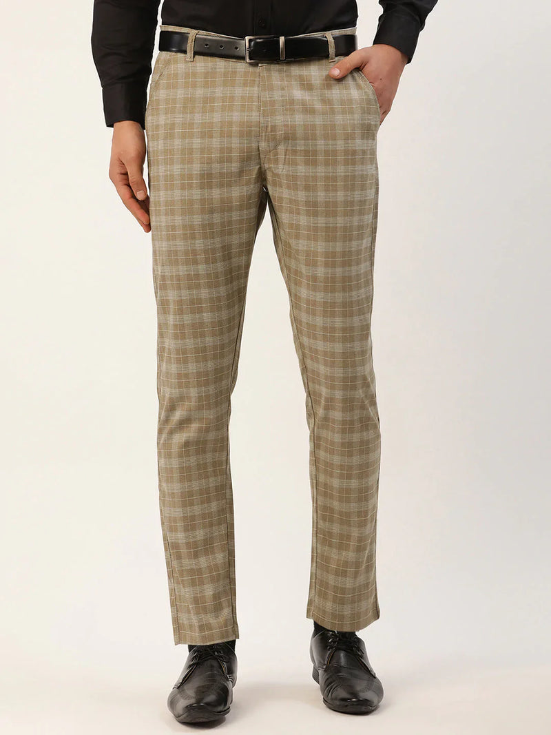 Jainish Men's Beige Tartan Checked Formal Trousers ( FGP 271 Beige )