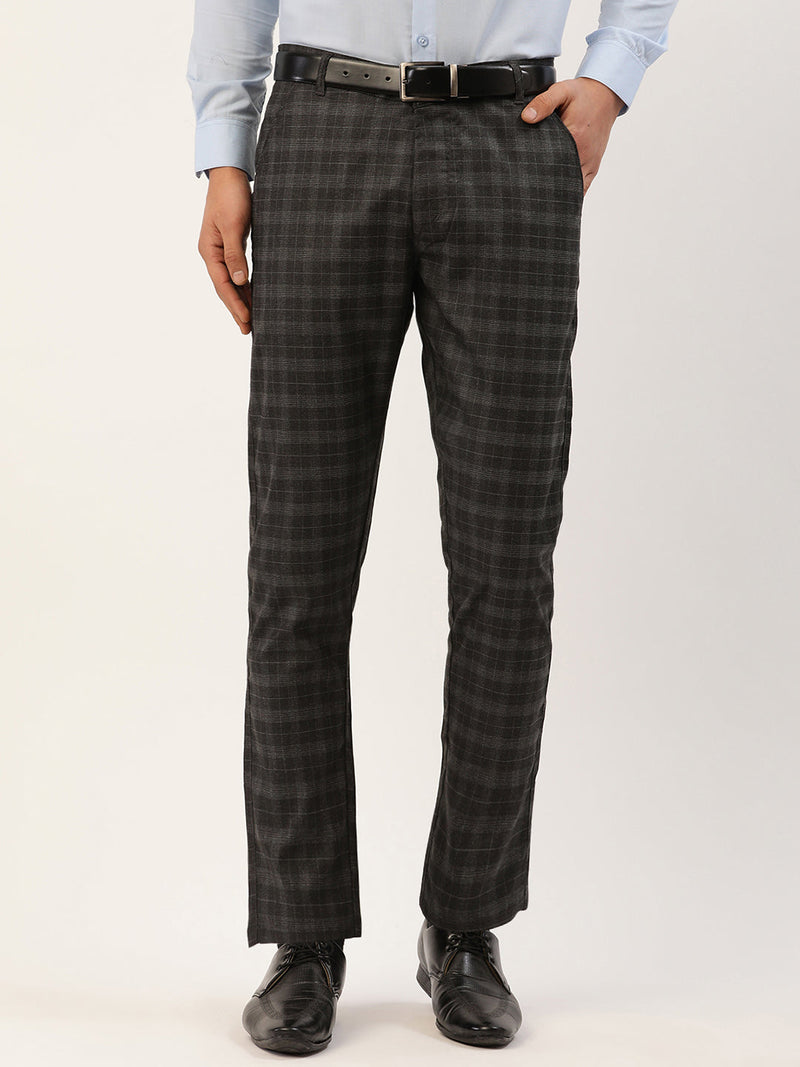 Indian Needle Men's Black Tartan Checked Formal Trousers