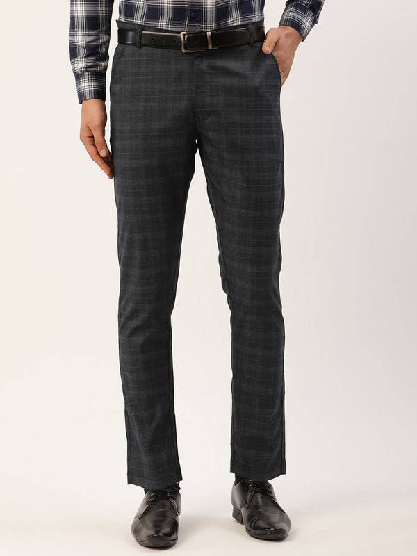 Indian Needle Men's Black Window Checked Formal Trousers