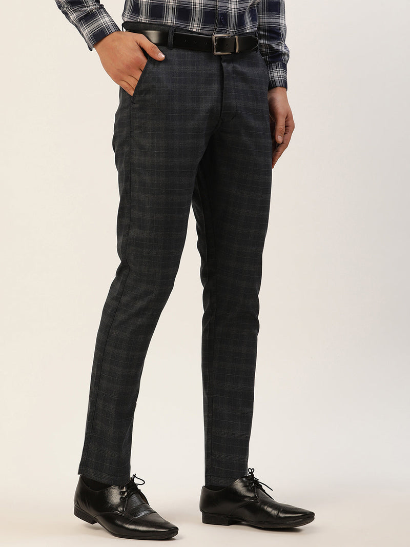 Indian Needle Men's Black Window Checked Formal Trousers