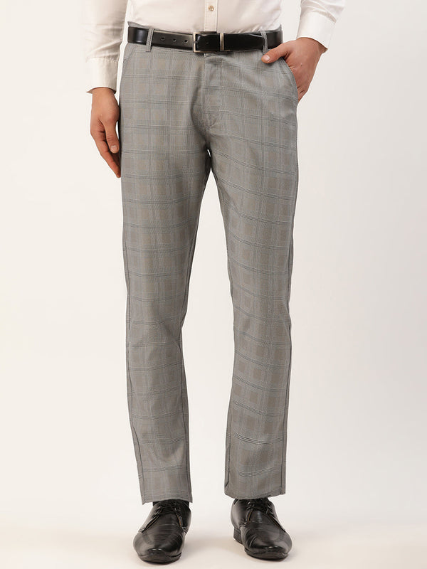 Indian Needle Men's Grey Window Checked Formal Trousers