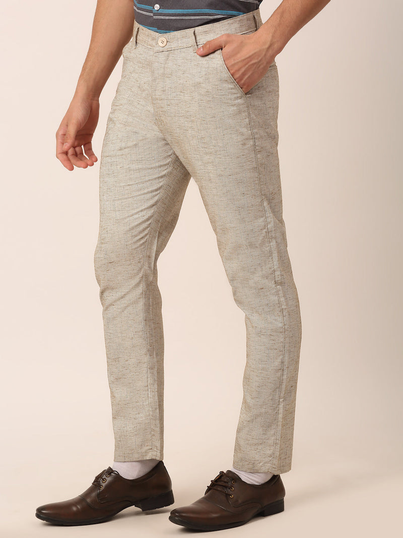 Indian Needle Men's Beige Linan Cotton Formal Trousers