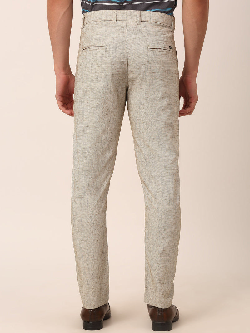 Indian Needle Men's Beige Linan Cotton Formal Trousers