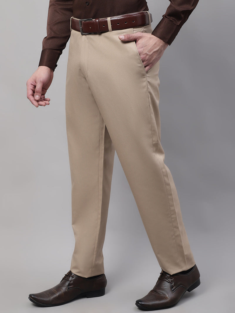 Jainish Men's Beige Tapered Fit Formal Trousers