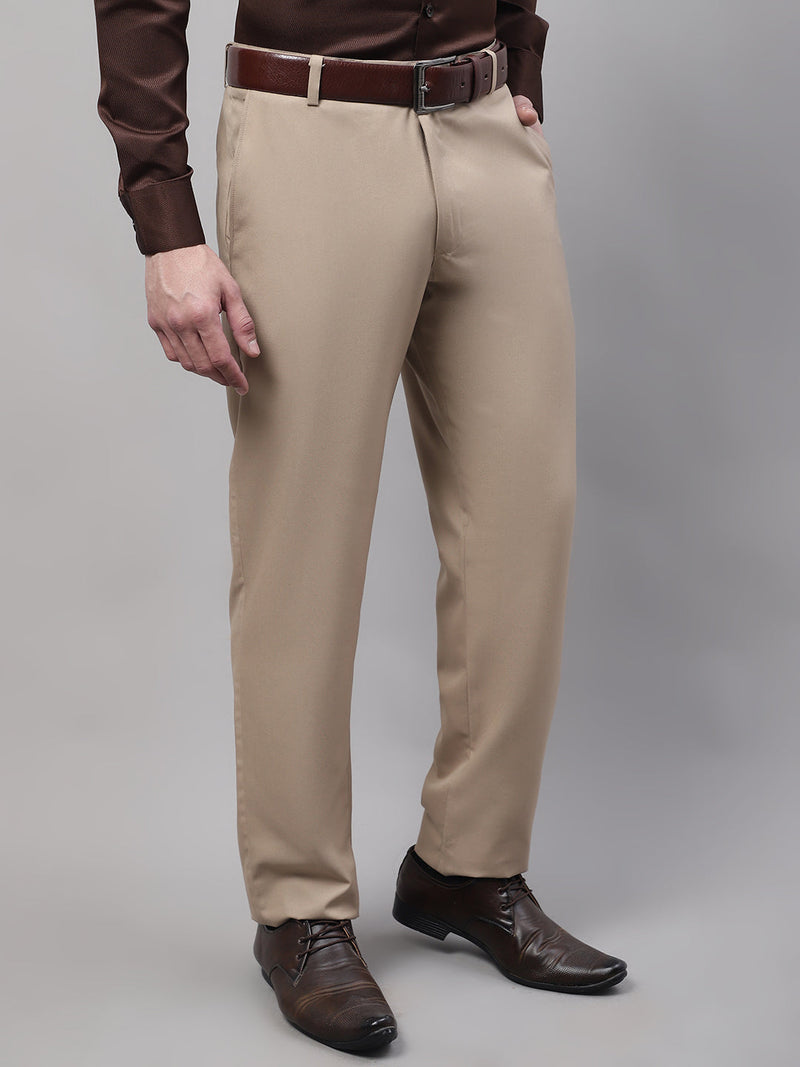 Jainish Men's Beige Tapered Fit Formal Trousers