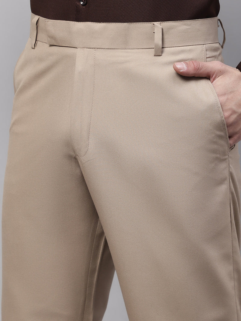 Jainish Men's Beige Tapered Fit Formal Trousers