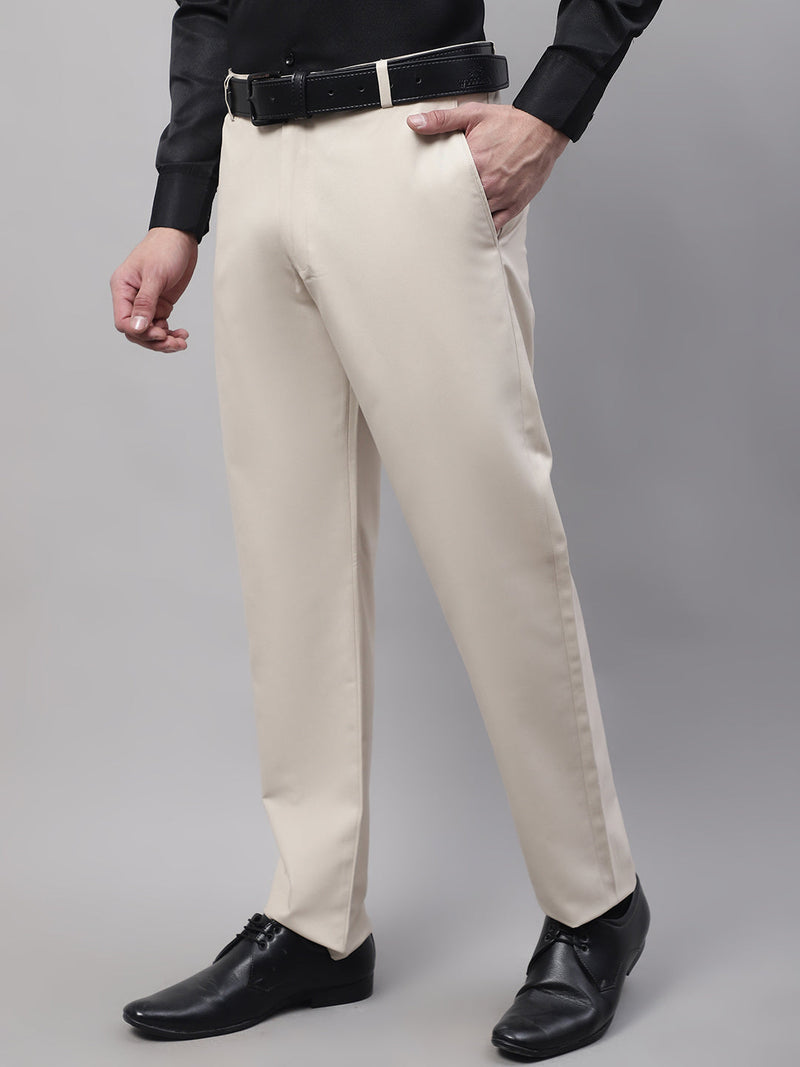 Jainish Men's Cream Tapered Fit Formal Trousers