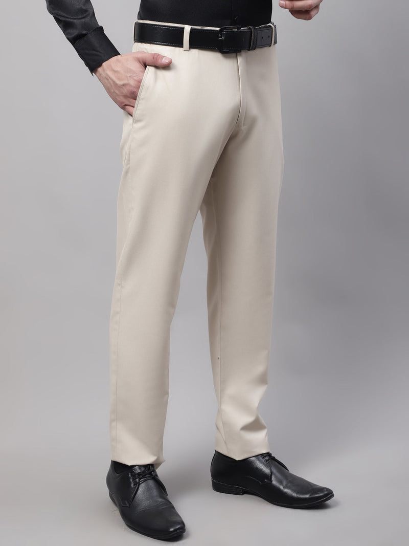 Jainish Men's Cream Tapered Fit Formal Trousers