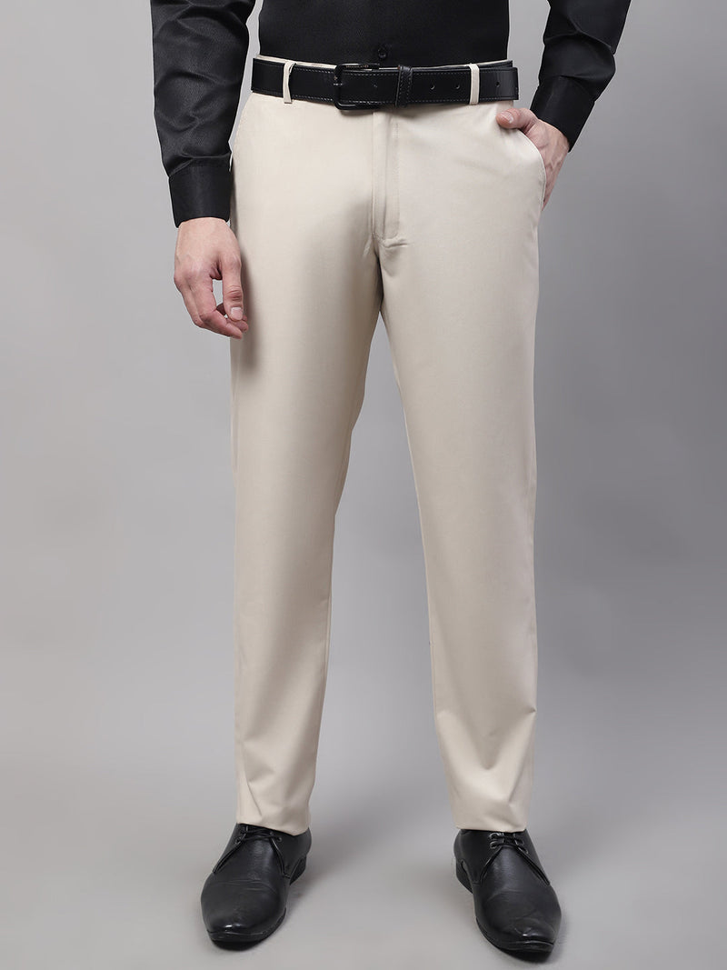 Jainish Men's Cream Tapered Fit Formal Trousers