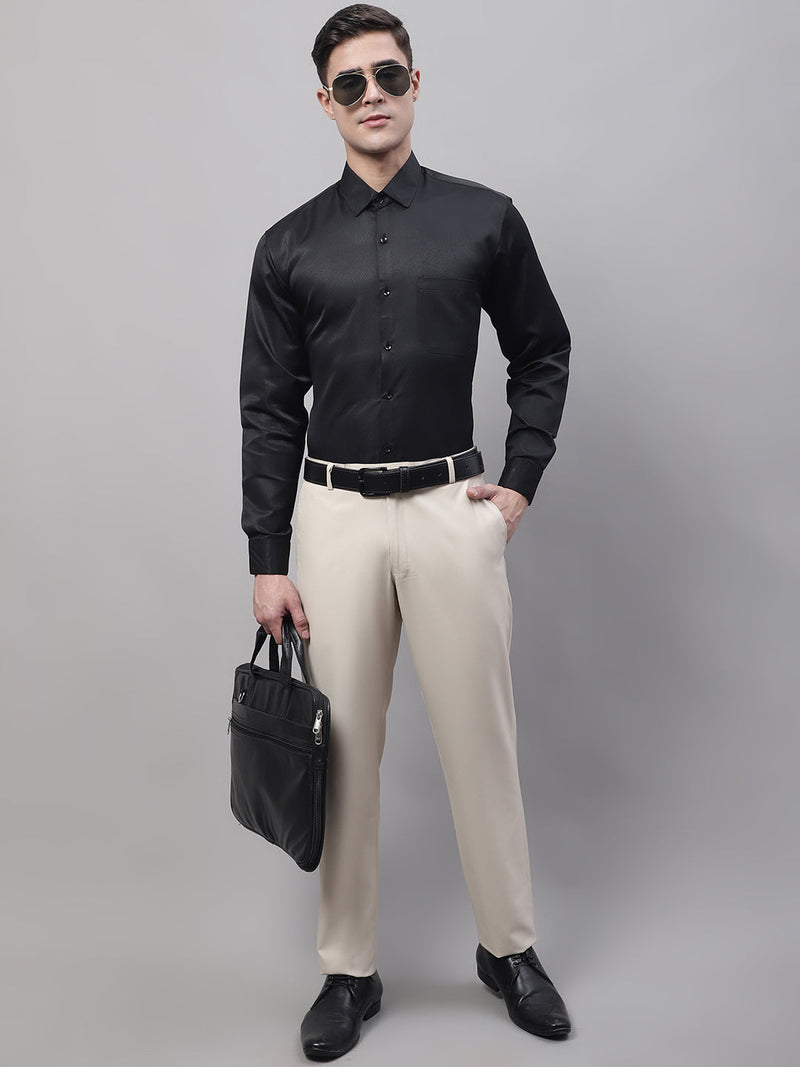 Jainish Men's Cream Tapered Fit Formal Trousers