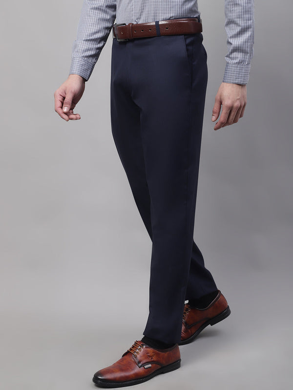 Jainish Men's Navy Tapered Fit Formal Trousers