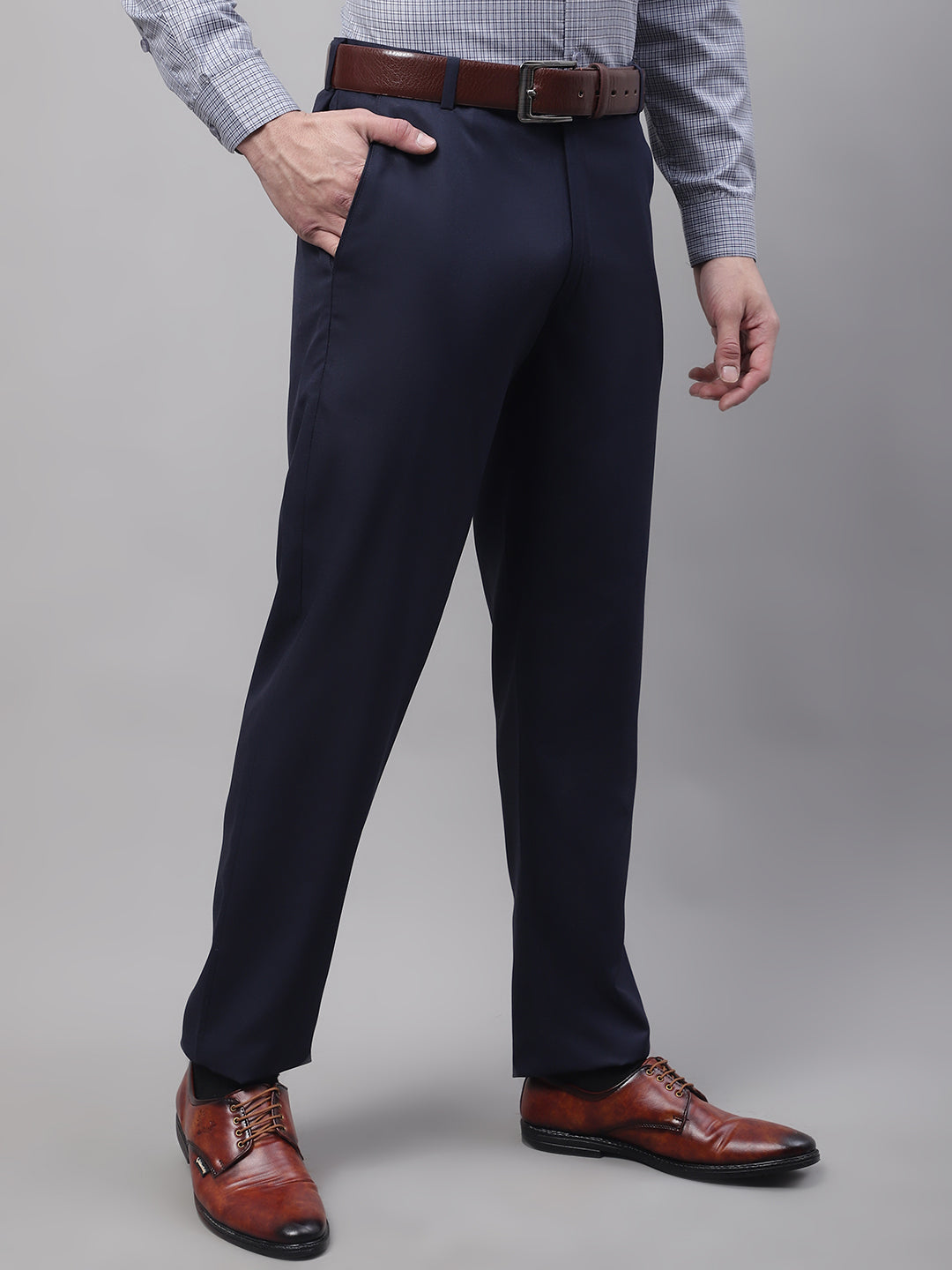 Jainish Men's Navy Tapered Fit Formal Trousers