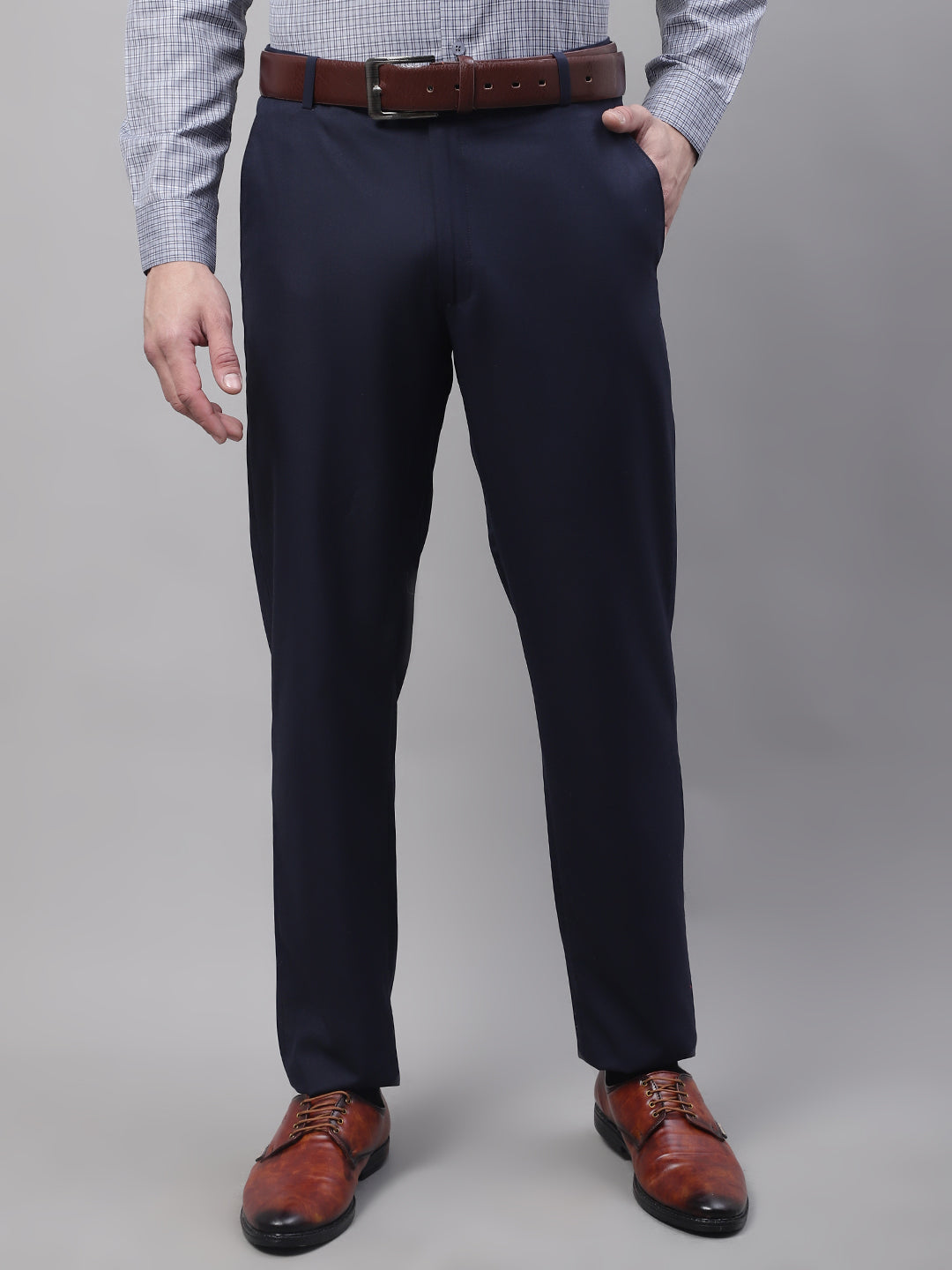 Jainish Men's Navy Tapered Fit Formal Trousers