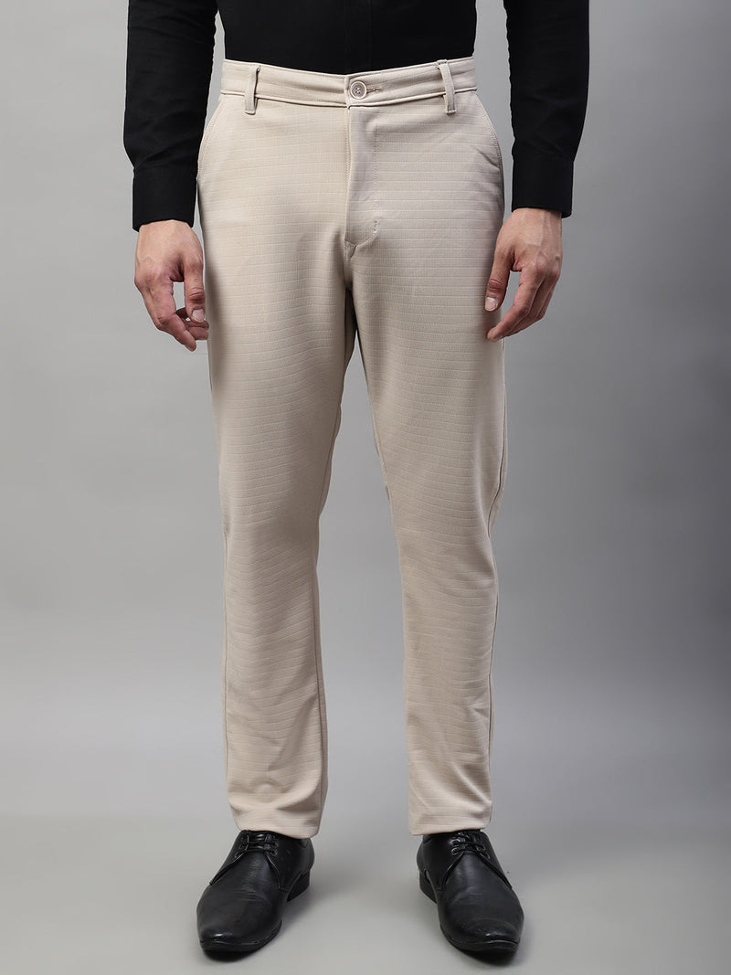 Jainish Men's Cream Tapered Fit Formal Trousers