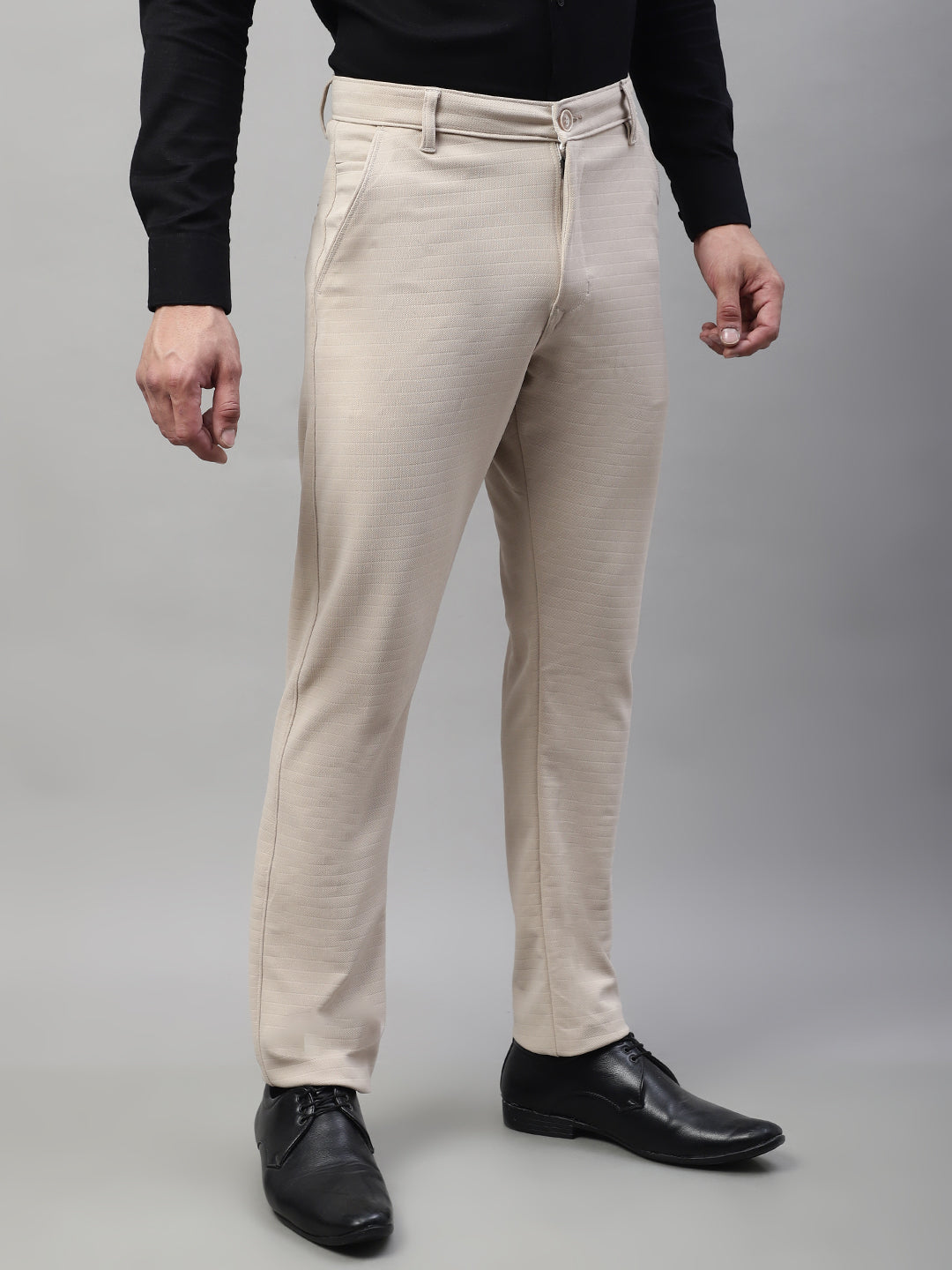 Jainish Men's Cream Tapered Fit Formal Trousers
