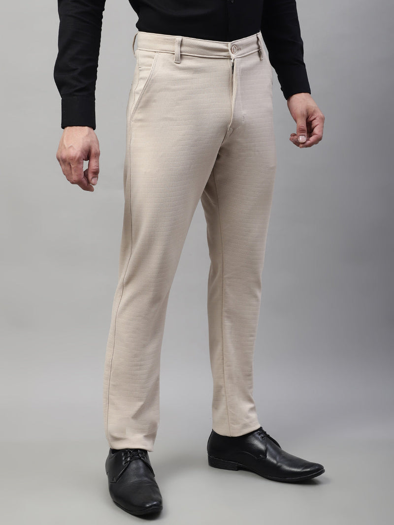 Jainish Men's Cream Tapered Fit Formal Trousers