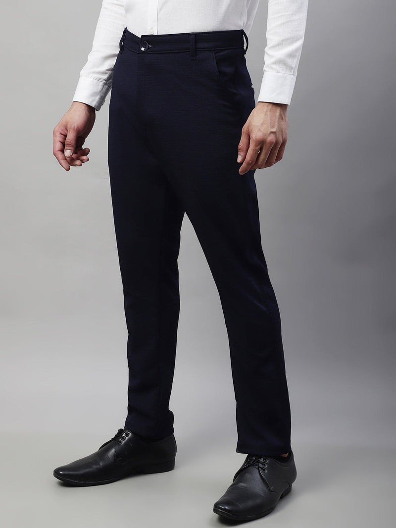 Jainish Men's Navy Blue Tapered Fit Formal Trousers