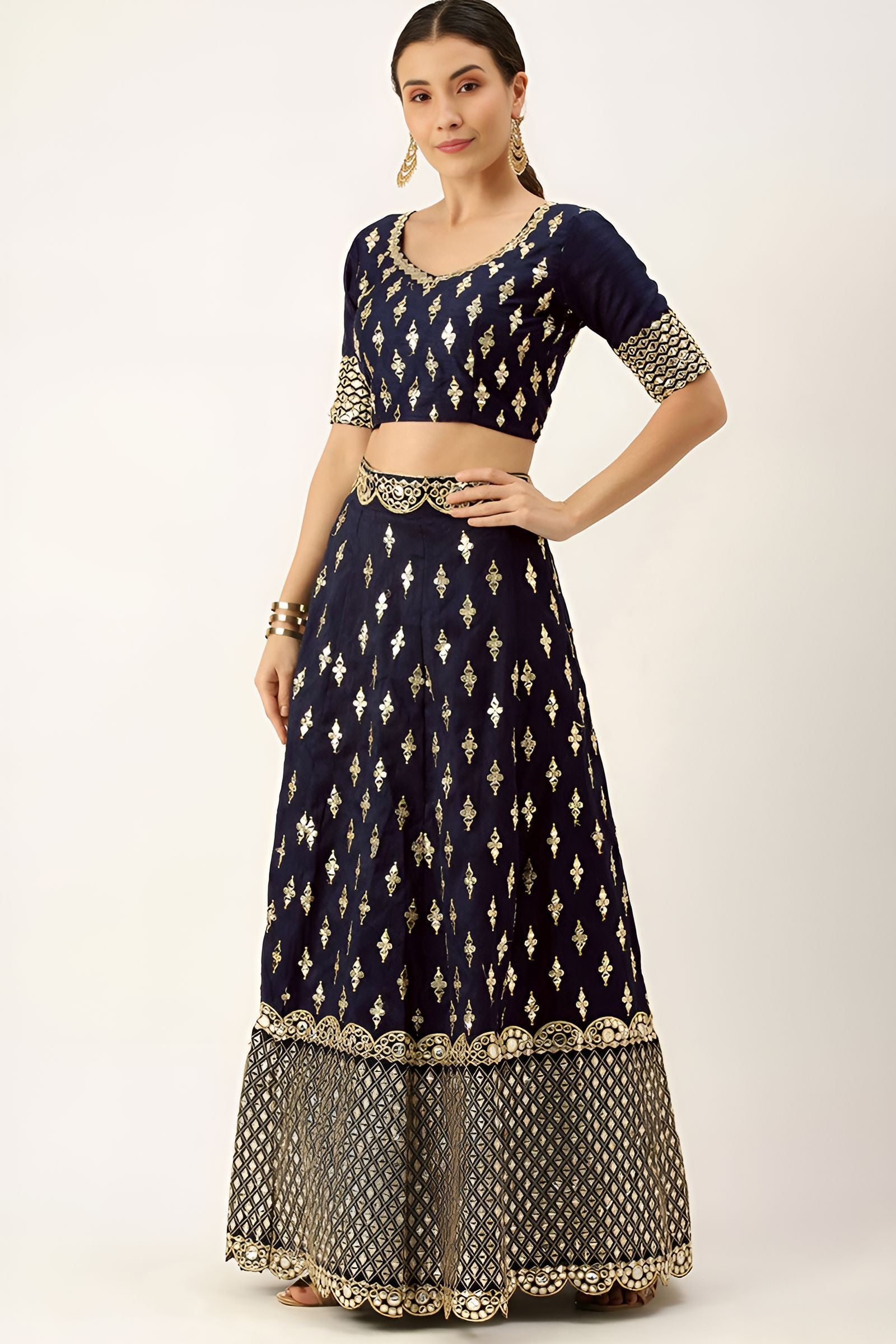 Aastha fashion Navy Blue Faux Georgette lehanga blouse fabric Sequence with Thread and Jari Embroidery Work