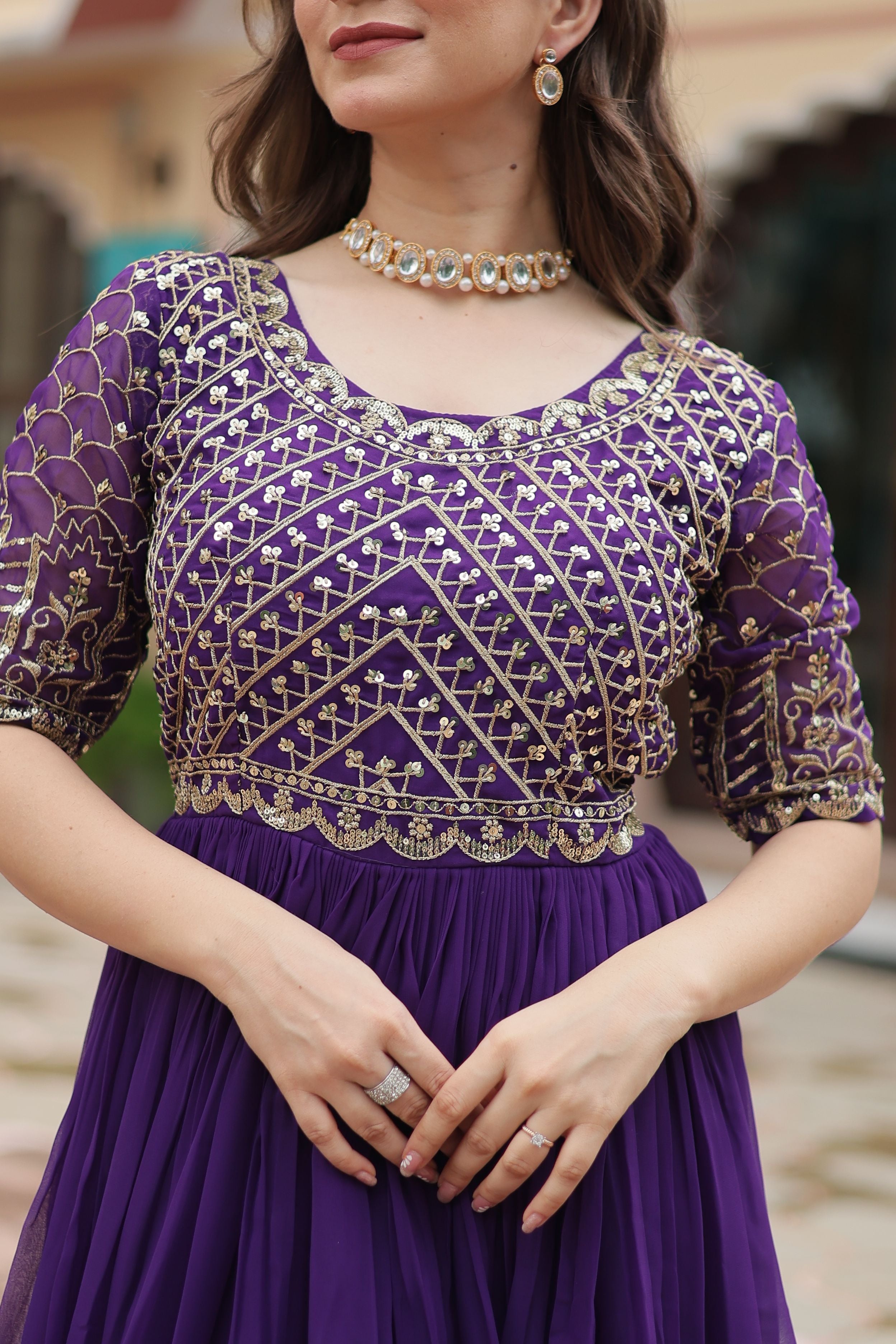 Aastha Purple Faux Blooming with Gown Embroidery Zari Sequins-work