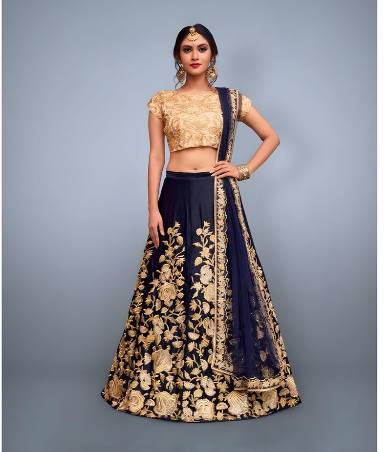 Aastha fashion blue semi velvet silk lehanga blouse fabric embroidery work