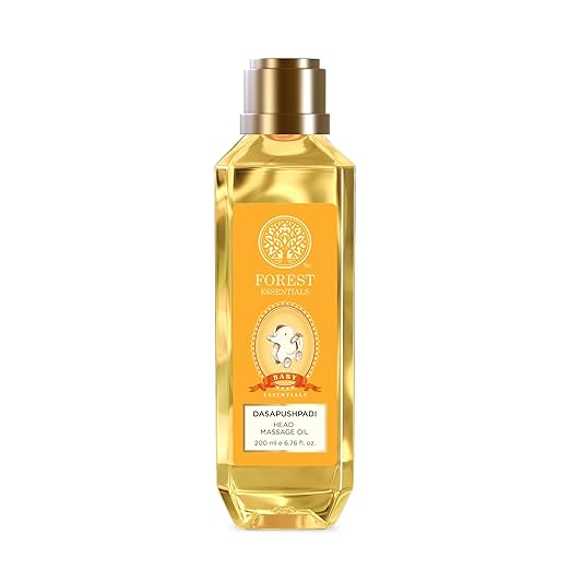 Gold bottle of Forest Essentials Dasapushpadi Hand Massage Oil on a white background