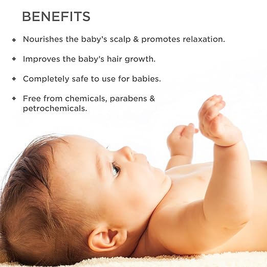 Baby lying on a blanket with text listing benefits of a product for babies.