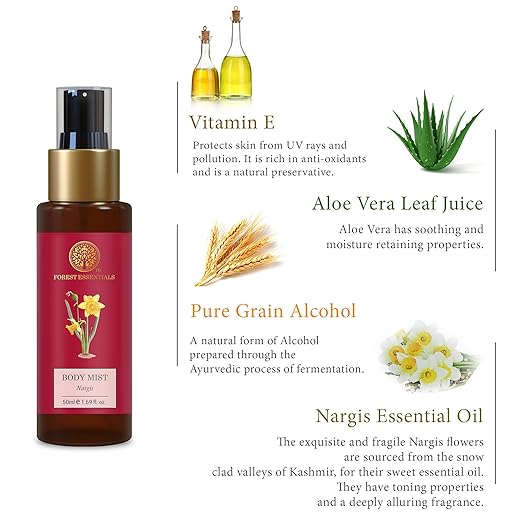 Forest Essentials Fragrant Body Mist Nargis | Aloe Vera juice infused Perfume Spray to keep Skin Scented & Hydrated Through the Day