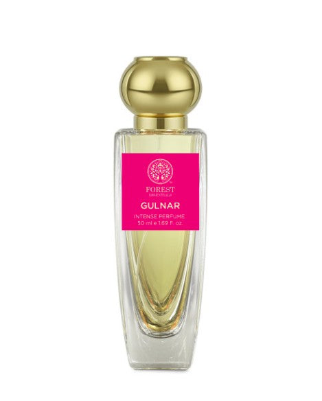 Perfume bottle with gold cap and pink label on a white background