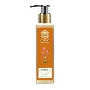 Orange bottle of Forest Essentials shower wash with a pump on a white background