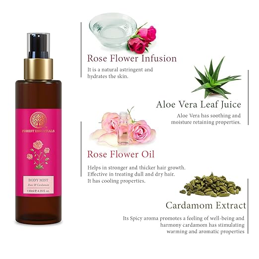 Forest Essentials body mist with rose flower infusion, aloe vera leaf juice, rose flower oil, and cardamom extract on a white background.