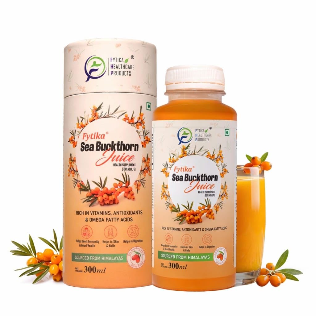 Fytika Sea Buckthorn Juice packaging and bottle on a white background