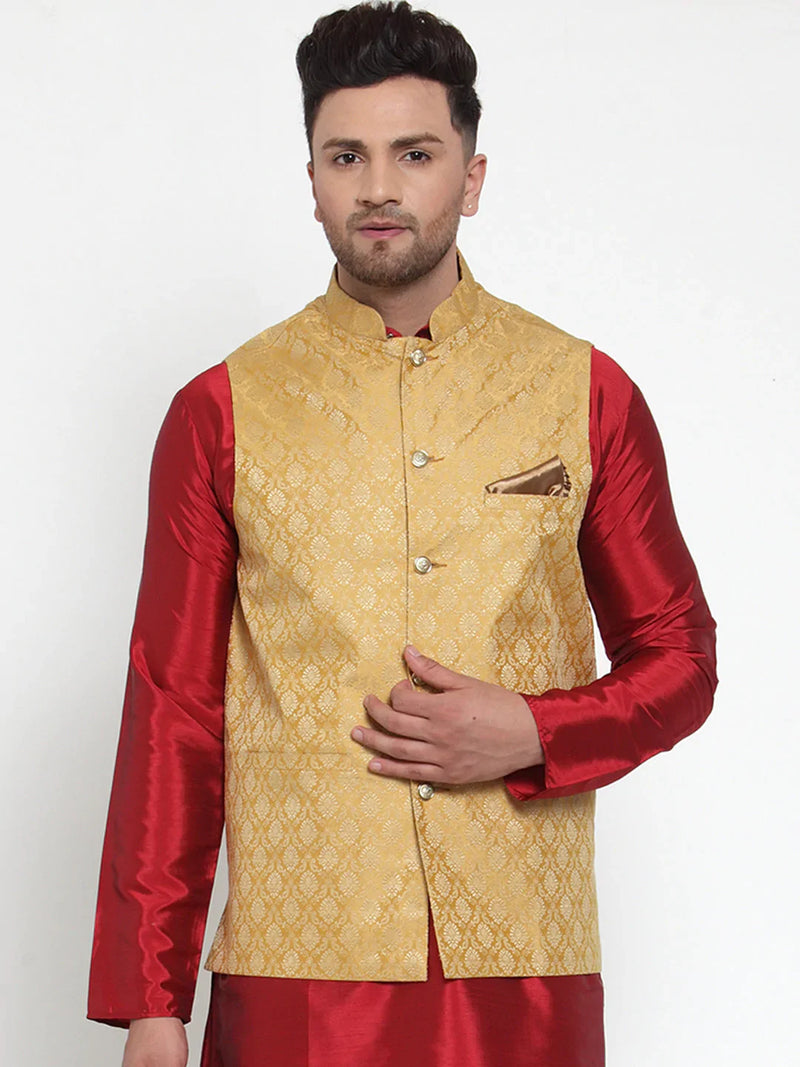 Jompers Men's Gold Woven Jacquard Nehru Jacket ( JOWC 4005Golden )