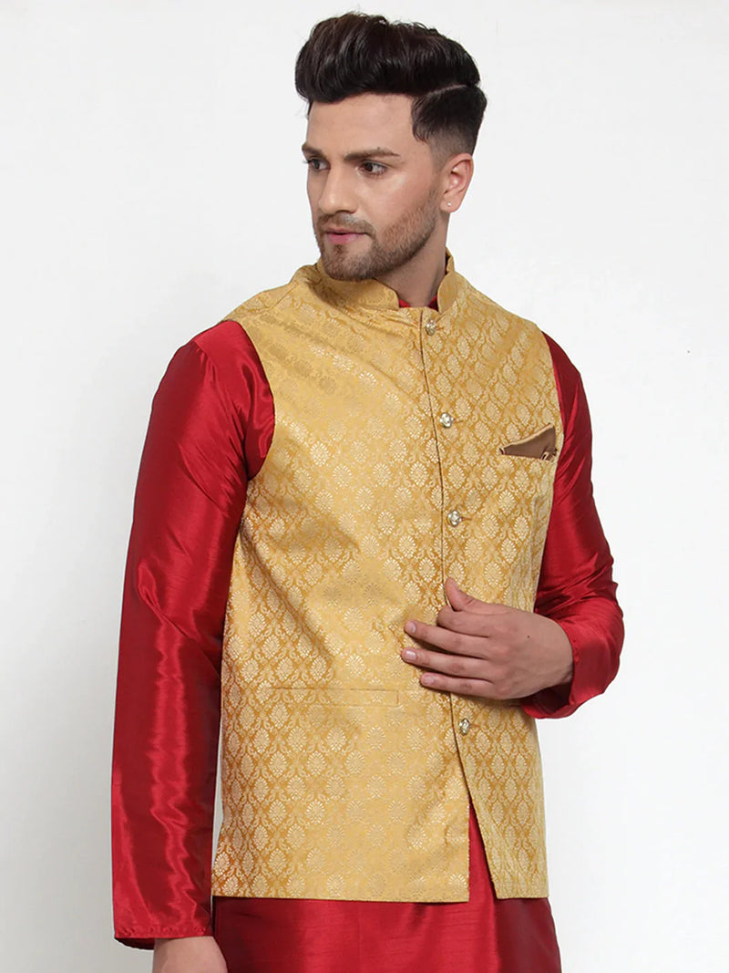 Jompers Men's Gold Woven Jacquard Nehru Jacket ( JOWC 4005Golden )