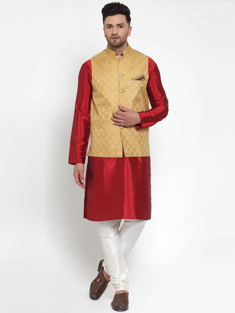 Jompers Men's Gold Woven Jacquard Nehru Jacket ( JOWC 4005Golden )