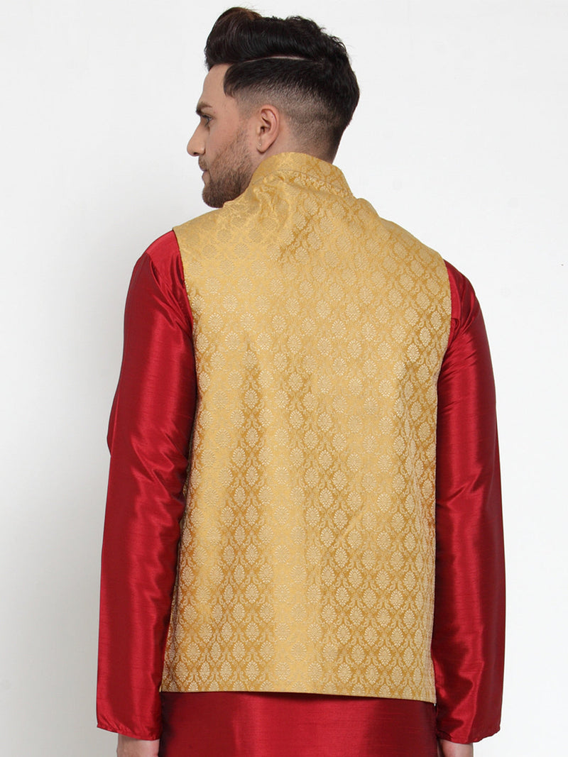 Jompers Men's Gold Woven Jacquard Nehru Jacket