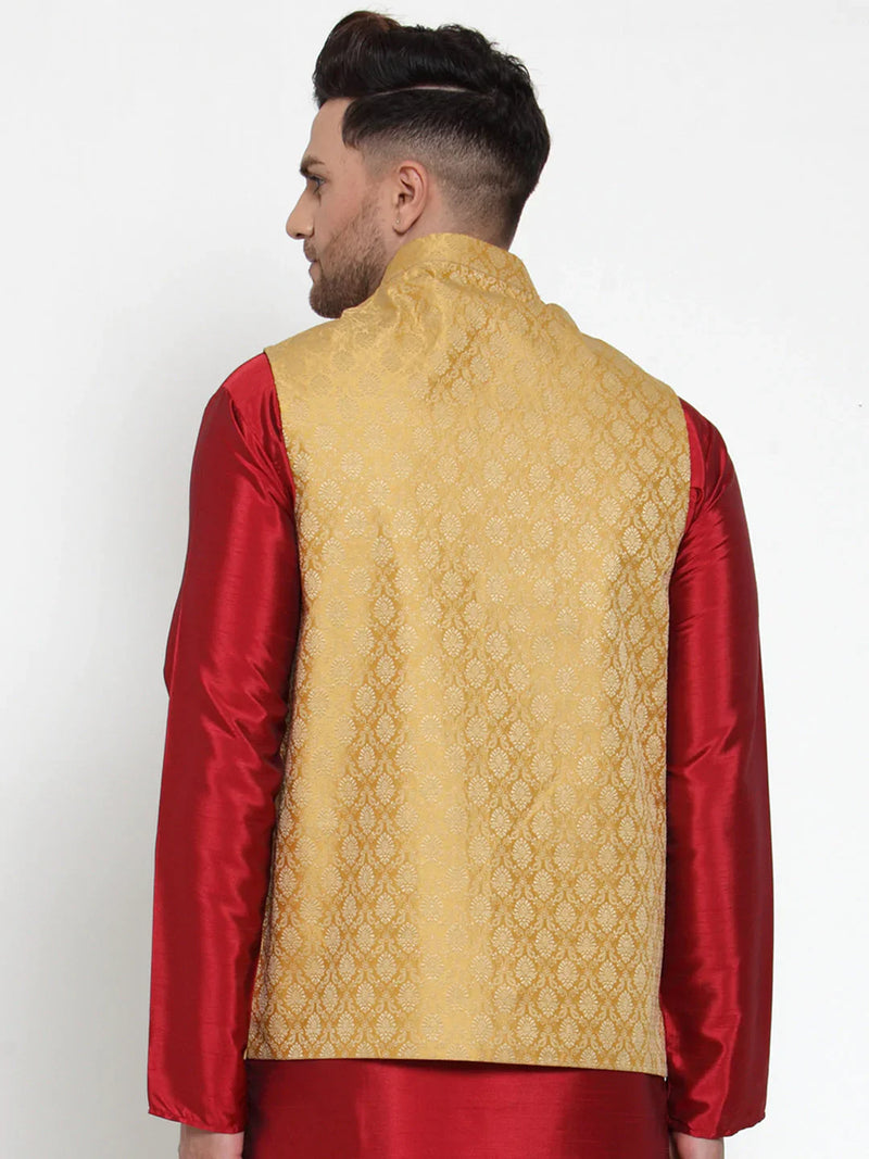 Jompers Men's Gold Woven Jacquard Nehru Jacket ( JOWC 4005Golden )