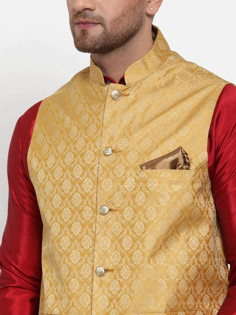 Jompers Men's Gold Woven Jacquard Nehru Jacket ( JOWC 4005Golden )