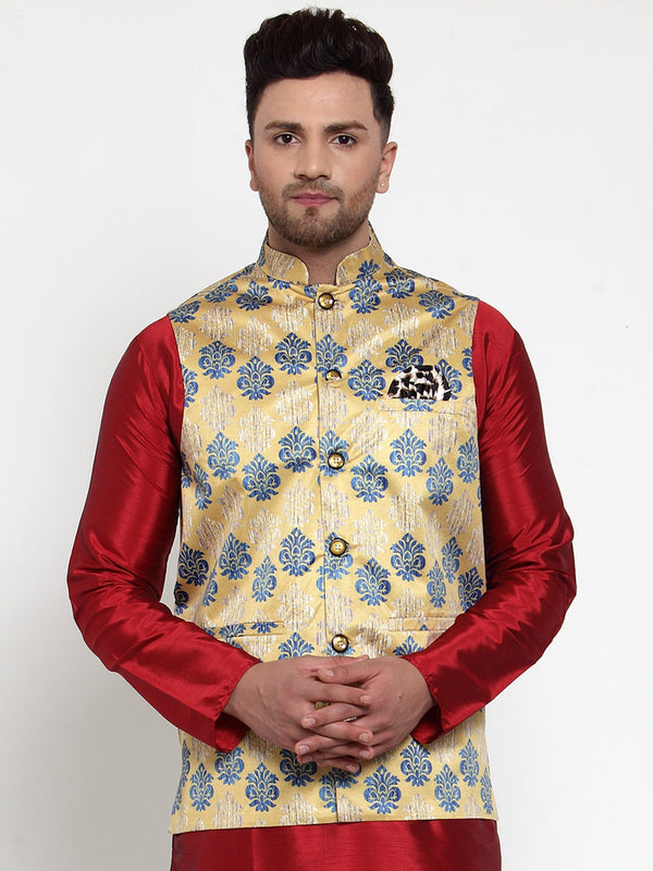 Jompers Men's Gold Printed Nehru Jacket