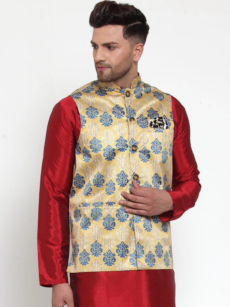 Jompers Men's Gold Printed Nehru Jacket