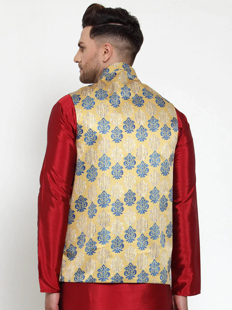 Jompers Men's Gold Printed Nehru Jacket ( JOWC 4014Golden )