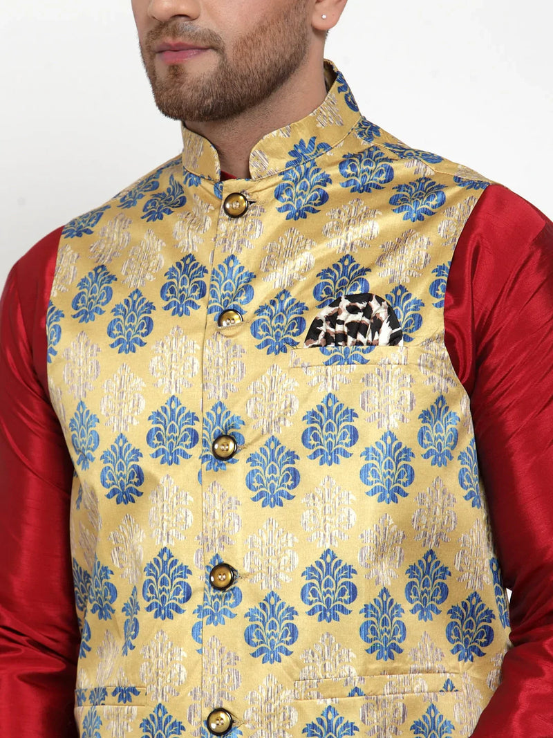 Jompers Men's Gold Printed Nehru Jacket ( JOWC 4014Golden )