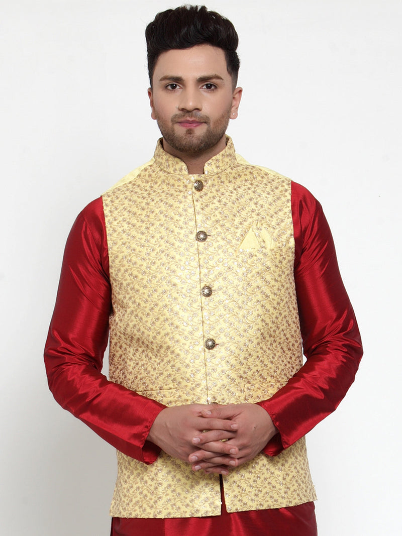 Jompers Men's Yellow Embroidered Nehru Jacket