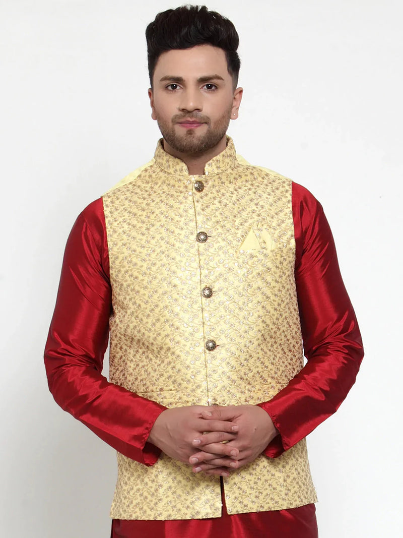 Jompers Men's Yellow Embroidered Nehru Jacket ( JOWC 4016Yellow )