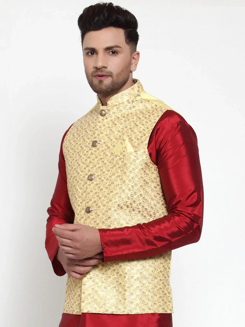 Jompers Men's Yellow Embroidered Nehru Jacket ( JOWC 4016Yellow )